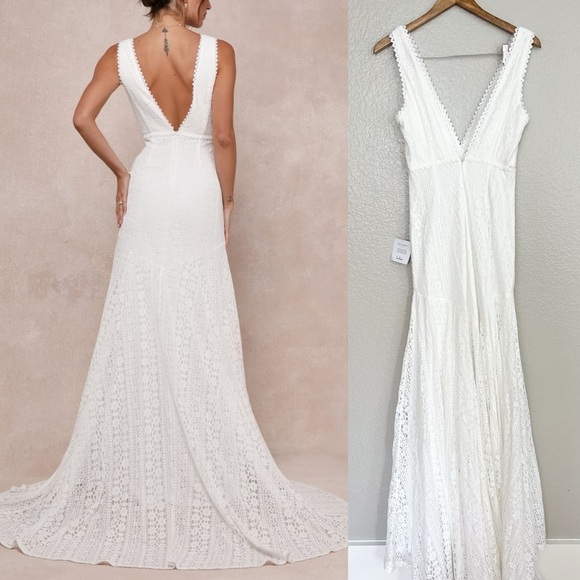 NWOT Infinite Bliss Ivory Lace Sleeveless Backless Trumpet Maxi Dress - Picture 3 of 10